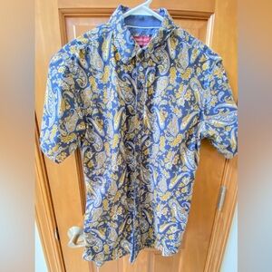 Men's Paisley Short Sleeve Shirt - Blue and Yellow